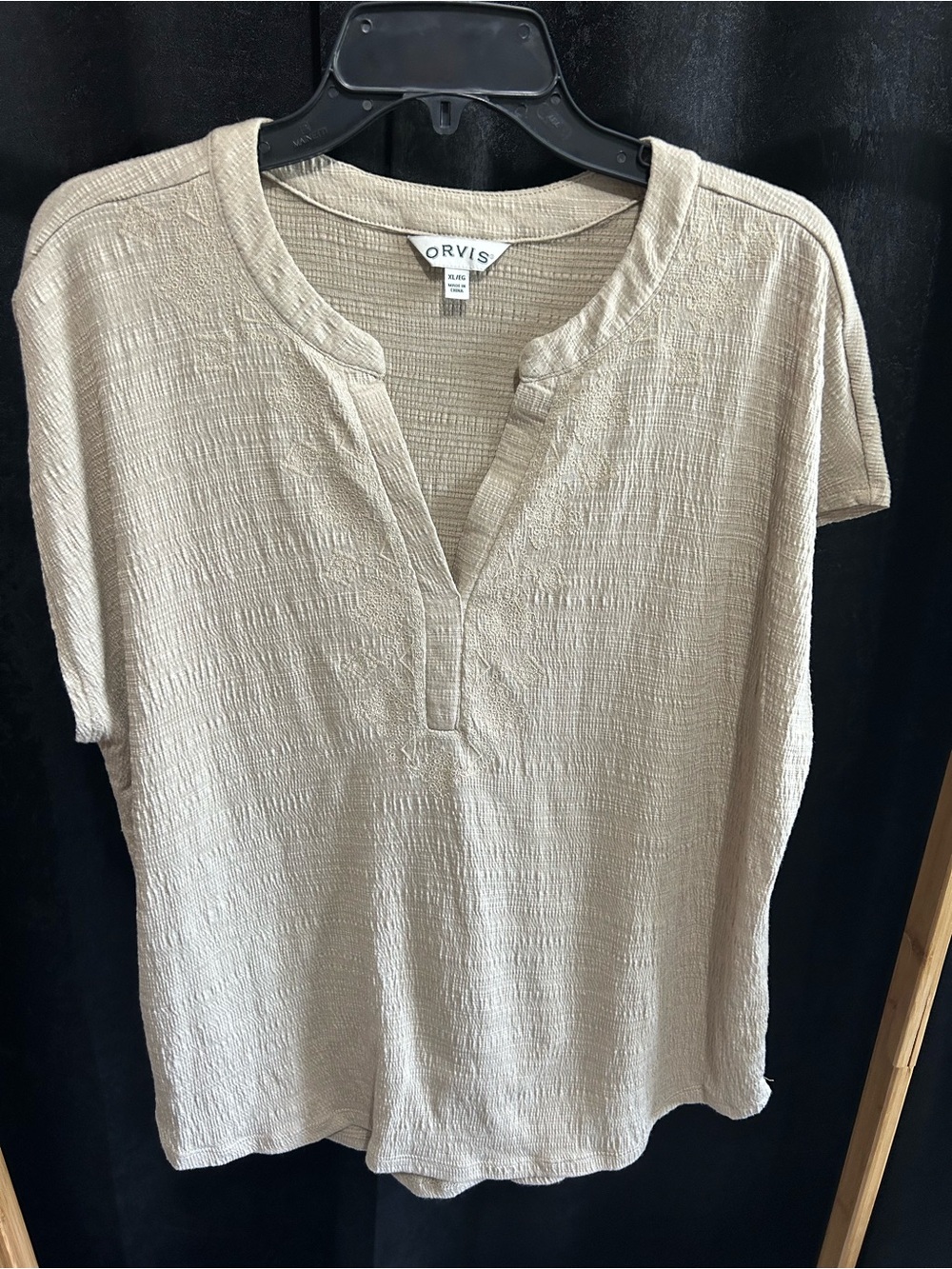 Orvis Neutral Beige Textured Split V-Neck T shirt